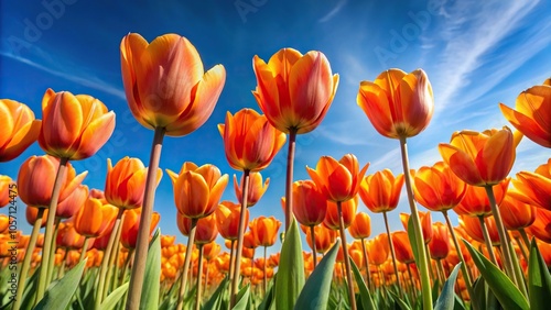 Vibrant orange tulips swaying in the breeze against a clear blue sky, color palette, orange hues, floral arrangement, nature scene, vibrant colors