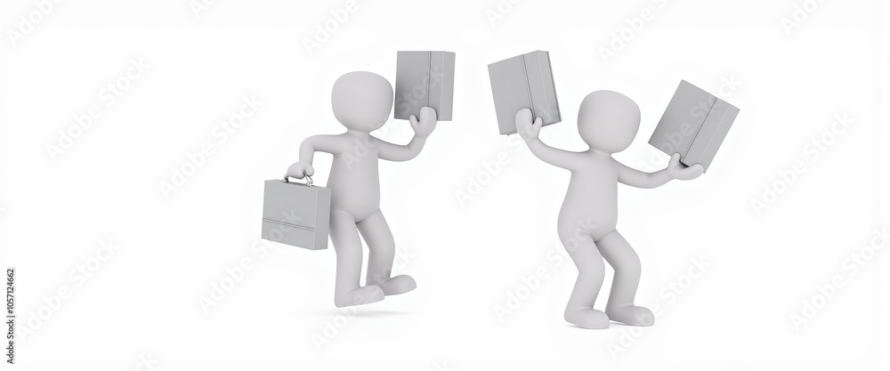 3D stick figure character juggles briefcases, minimalist white style, productivity symbol, content space for work-life balance themes 3D stick figure character juggles briefcases, minimalist white style, productivity symbol, content space for work-life balance themes