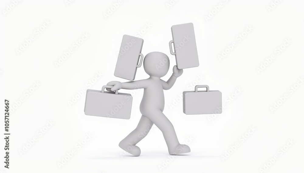 3D stick figure character juggles briefcases, minimalist white style, symbolizes high-pressure work and multitasking, ideal for productivity or work-life balance visuals 3D stick figure character juggles briefcases, minimalist white style, symbolizes high-pressure work and multitasking, ideal for productivity or work-life balance visuals