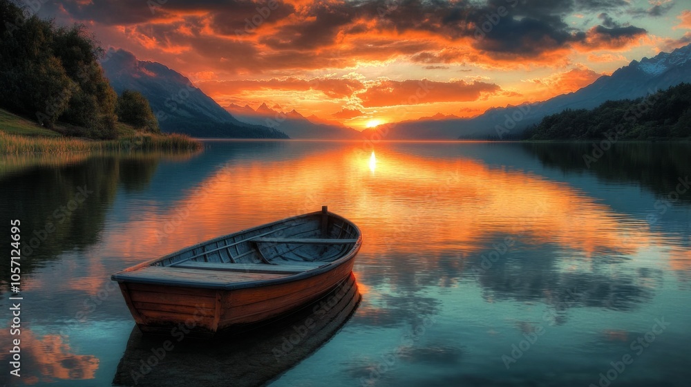 Obraz premium A boat is floating on a lake with a beautiful sunset in the background