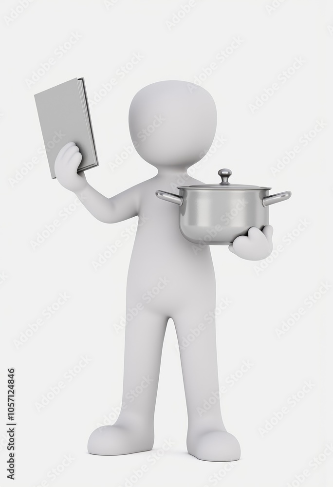3D stick figure chef, minimalist white style, represents culinary arts with recipe book and cooking pot, ideal for food and cooking visuals with copy space 3D stick figure chef, minimalist white style, represents culinary arts with recipe book and cooking pot, ideal for food and cooking visuals with copy space