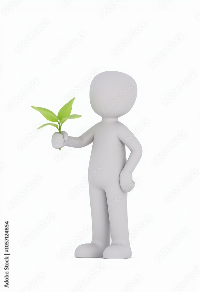 Minimalist 3D stick figure character with plant for personal growth and gardening themes, suitable for positive messages and copy space on white background Minimalist 3D stick figure character with plant for personal growth and gardening themes, suitable for positive messages and copy space on white background