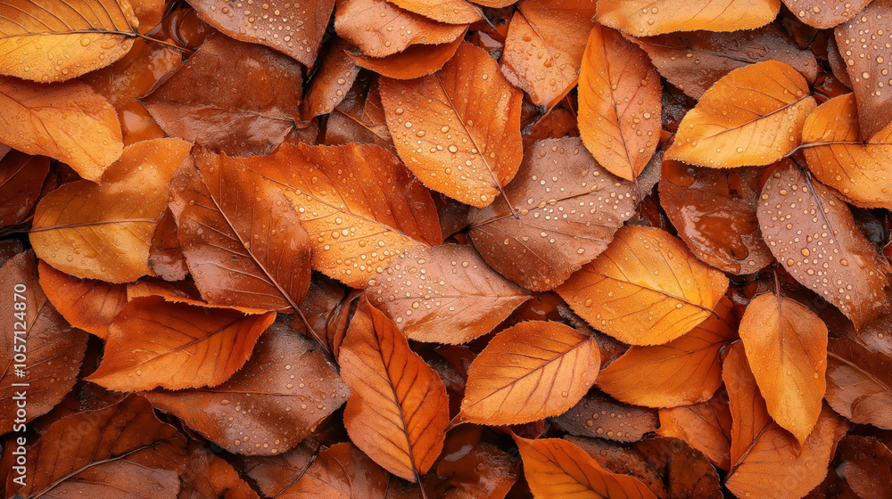 Close-up of autumn leaves with water droplets, displaying various shades of orange and brown. The leaves are overlapping, creating a textured and vibrant autumnal background. Close-up of autumn leaves with water droplets, displaying various shades of orange and brown. The leaves are overlapping, creating a textured and vibrant autumnal background.