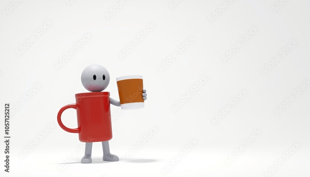 3D stick figure character holding a large coffee cup for productivity in a minimalist style with copy space for workplace messages 3D stick figure character holding a large coffee cup for productivity in a minimalist style with copy space for workplace messages
