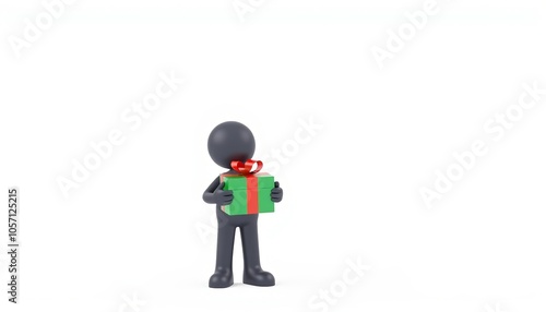 3D stick figure character holding a gift box for festive content minimalist style with copy space