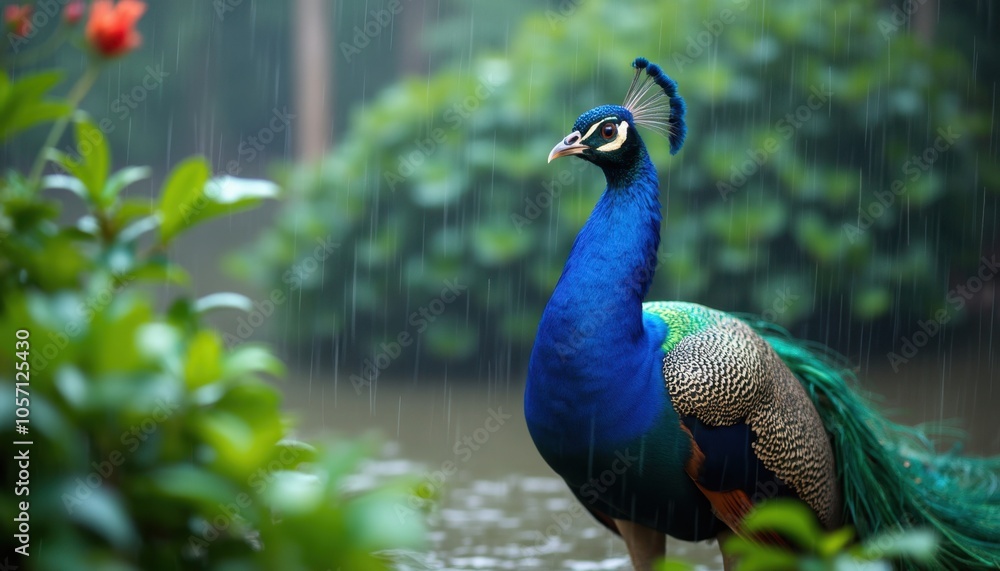 Vivid Peacock in Rainy Lush Garden with Greens and Blues, Impressionist Style with Ethereal Glow Vivid Peacock in Rainy Lush Garden with Greens and Blues, Impressionist Style with Ethereal Glow