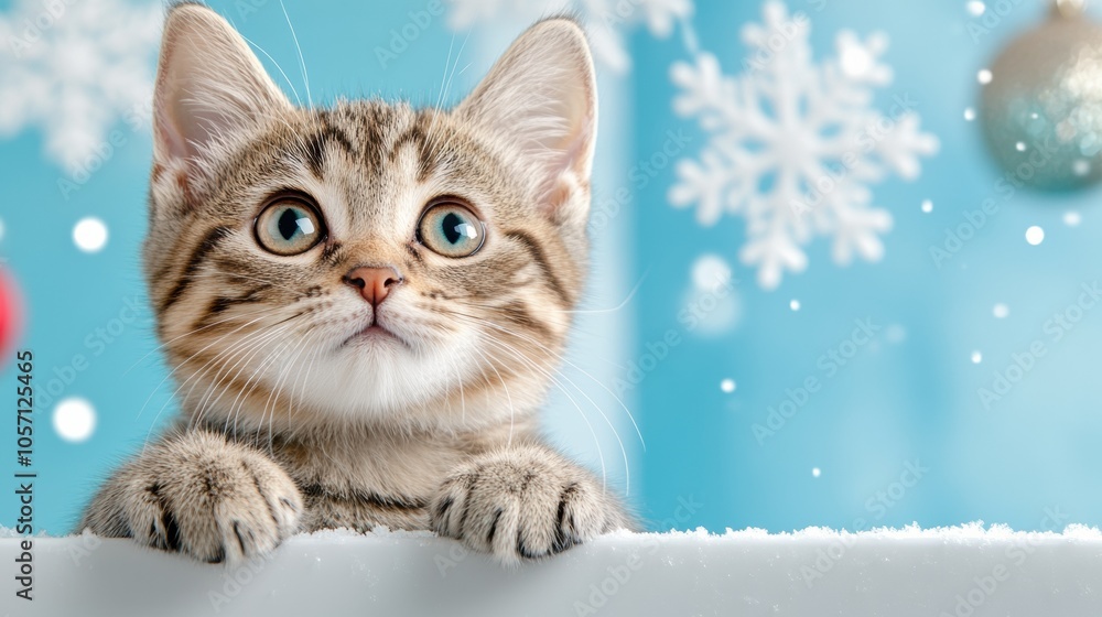 Playful kitten gazes at falling snowflakes in a winter wonderland, AI Playful kitten gazes at falling snowflakes in a winter wonderland, AI