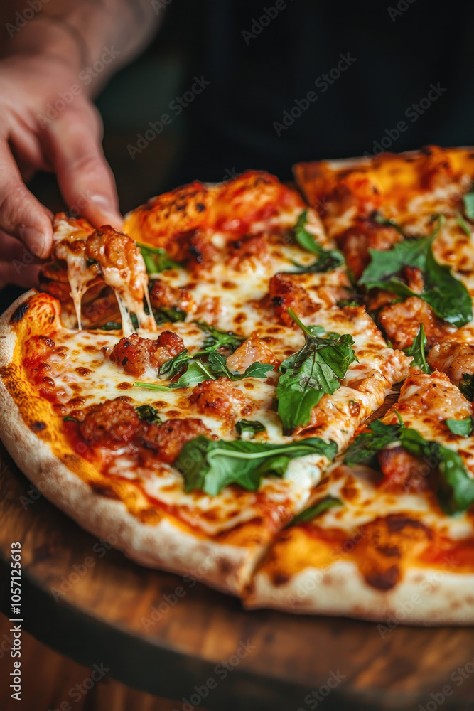 Mouth-Watering Artisan Pizza with Fresh Basil and Savory Toppings