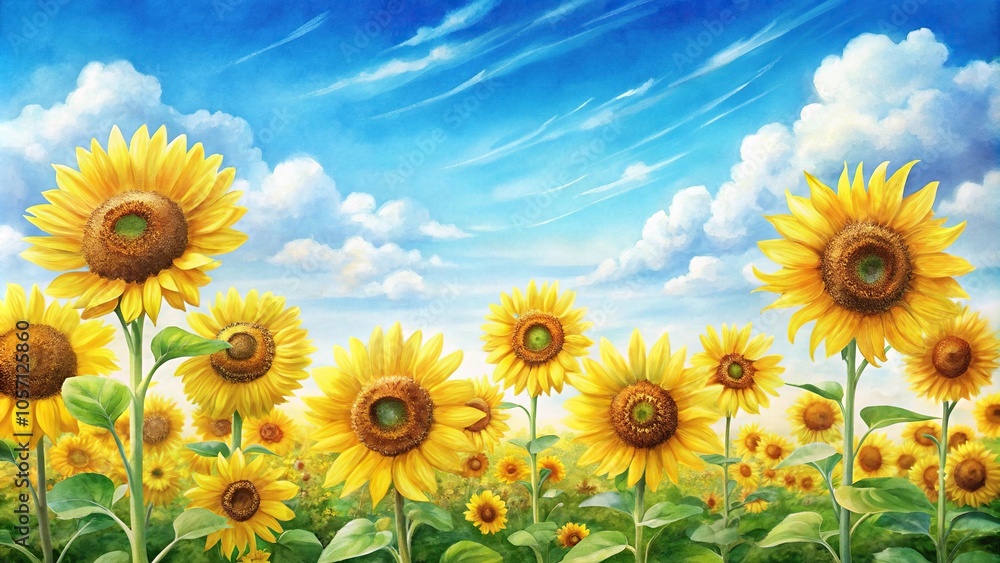 Fototapeta premium Watercolor illustration of a sunflower field with tall yellow flowers and blue sky, sunflower painting, sunflower field, blue sky, garden decor, tall flowers