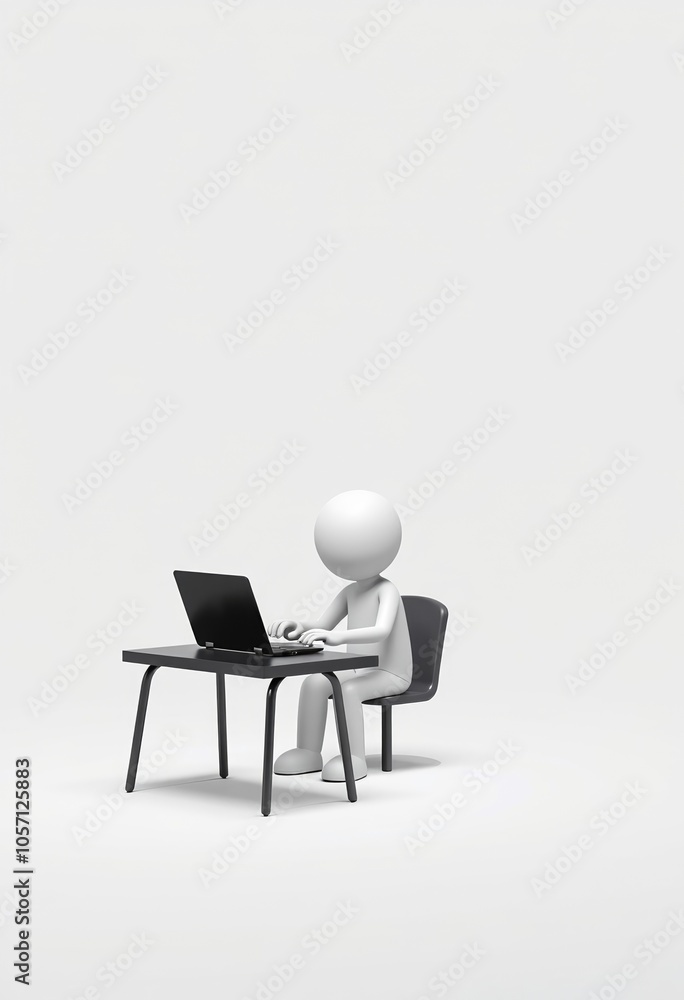 Fototapeta premium 3D stick figure software developer, minimalist white style, ideal for tech presentations with copy space