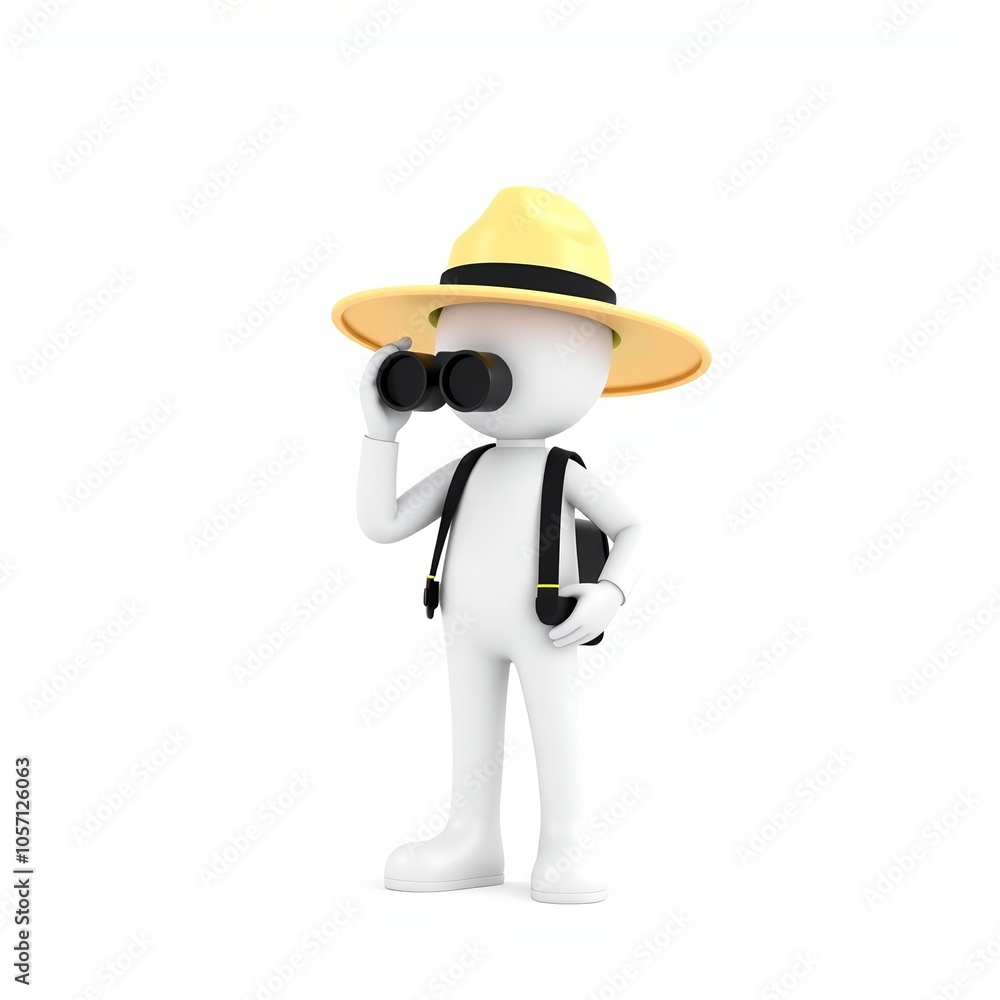 3D Stick Figure Adventurer in Safari Hat with Binoculars, Minimalist Wildlife Explorer for Travel Posters and Nature Content with Copy Space 3D Stick Figure Adventurer in Safari Hat with Binoculars, Minimalist Wildlife Explorer for Travel Posters and Nature Content with Copy Space