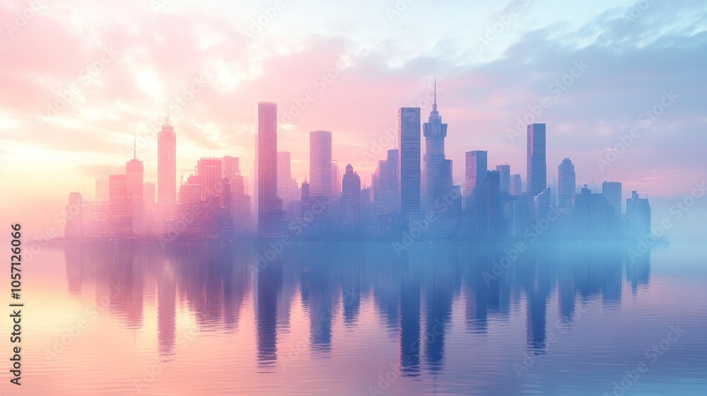 Fototapeta premium City skyline at dawn with reflections on water.