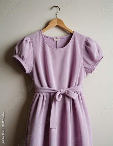 Elegant lavender dress with puff sleeves and a tied waist, perfect for versatile styling.