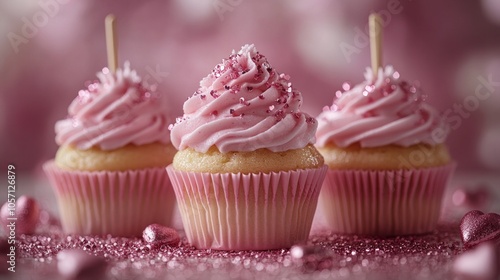 Three pink cupcakes with pink frosting and pink sprinkles on top