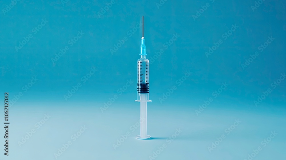Close-up of a clear syringe and vial against a blue backdrop, highlighting essential medical tools for healthcare professionals Close-up of a clear syringe and vial against a blue backdrop, highlighting essential medical tools for healthcare professionals