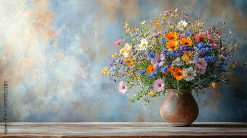 Wallpaper Mural A beautiful bouquet of wildflowers arranged in a rustic vase on a wooden table, with soft natural light and a cozy farmhouse aesthetic. Torontodigital.ca