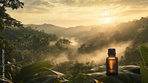 A bottle of essential oil is on a leaf in a forest