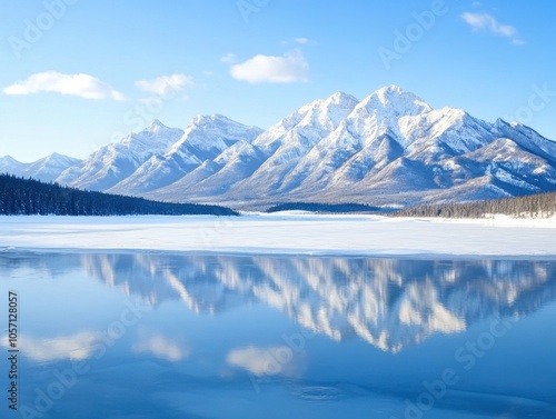 Wallpaper Mural Majestic snow-covered mountain range reflecting in tranquil frozen lake under clear blue sky Torontodigital.ca