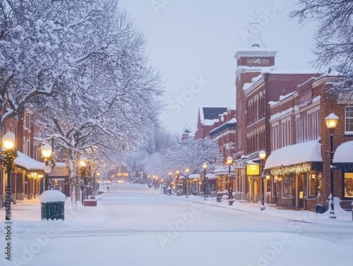 Charming snow-covered town street with festive lights and historic brick buildings