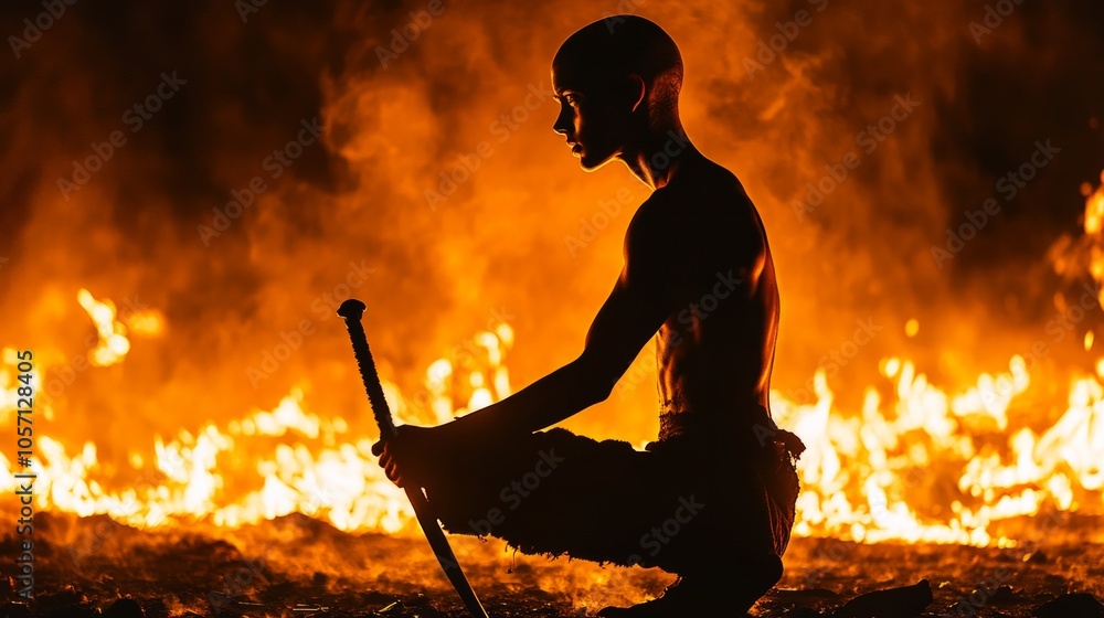 A man is sitting in a fire with a sword A man is sitting in a fire with a sword