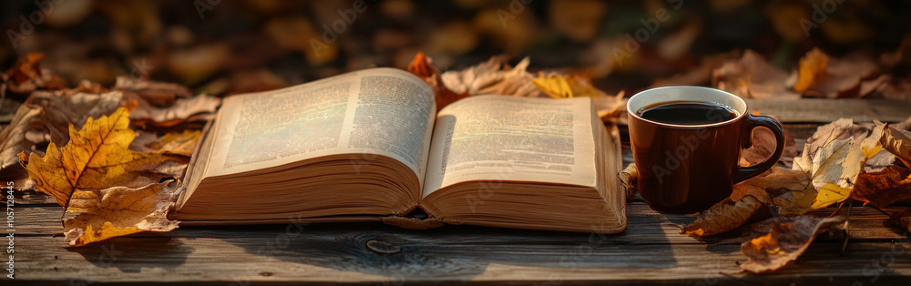 Obraz premium An open book lies on a rustic wooden table, accompanied by a steaming cup of coffee. Surrounding it are colorful autumn leaves, creating a cozy atmosphere for reading