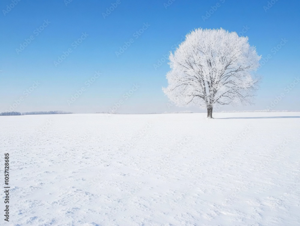Solitary frost-covered tree in a snowy winter wonderland Solitary frost-covered tree in a snowy winter wonderland
