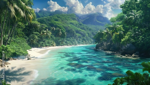 Tranquil Tropical Beach with Lush Green Mountains and Palm Trees