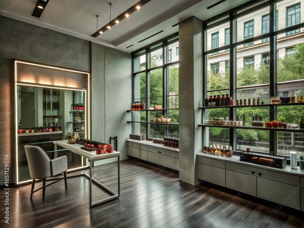Modern Architectural Makeup Studio with Elegant Design Elements and Natural Light Modern Architectural Makeup Studio with Elegant Design Elements and Natural Light