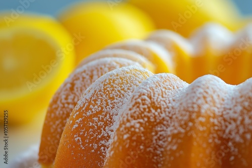 Lemon cake dusted with powdered sugar, showcasing its fluffy and moist texture.