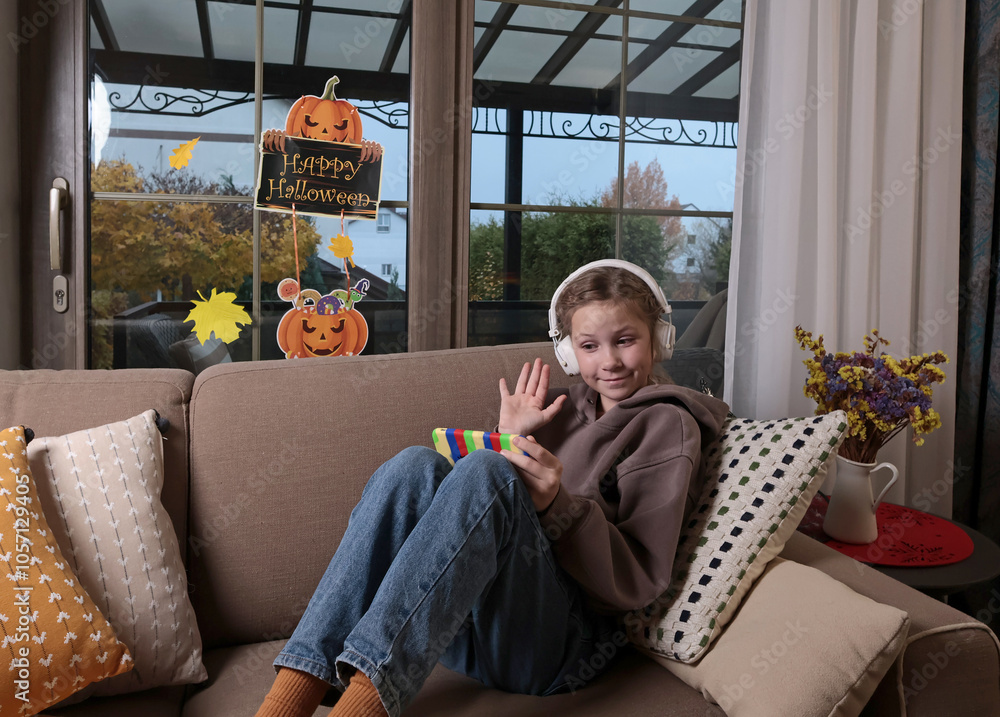 Obraz premium Joyful teenage girl in headphones with smartphone greet her friend online. Halloween holiday and home decorative elements.