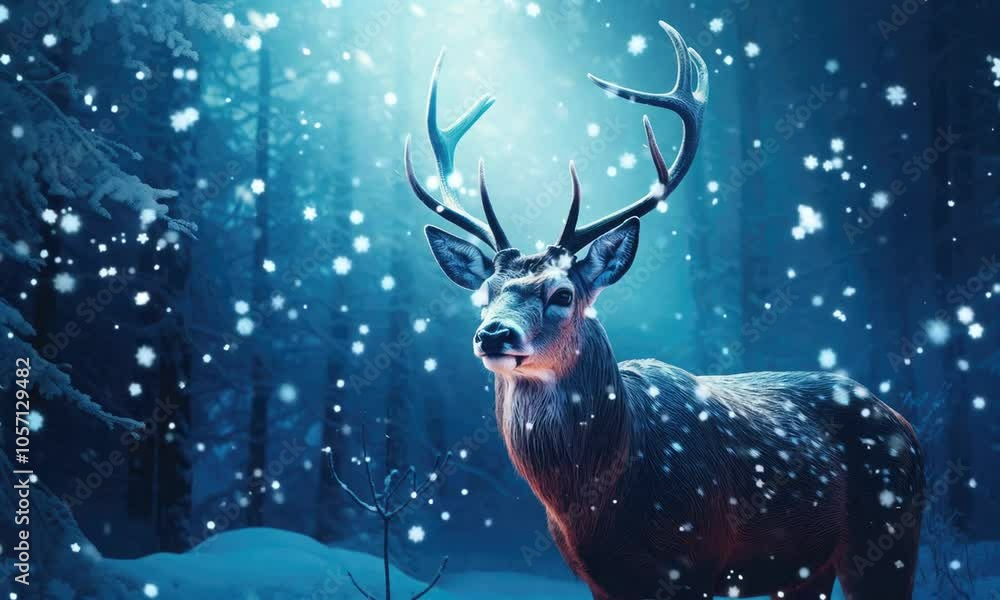 deer stands in forest on snowy winter eve deer stands in forest on snowy winter eve