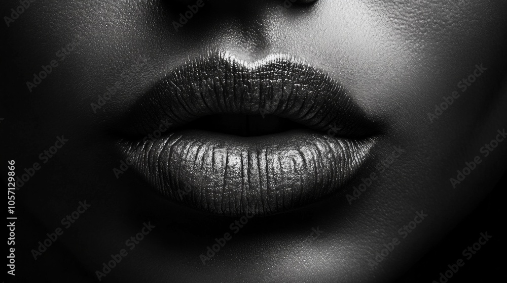 A woman's lips are shown in black and silver A woman's lips are shown in black and silver