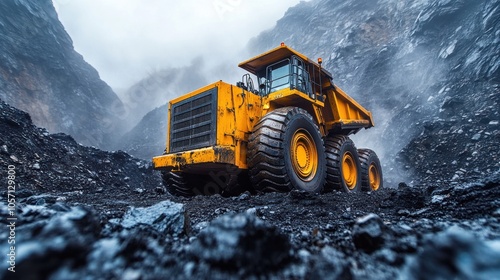 Heavy-duty dump truck in a mining environment. photo