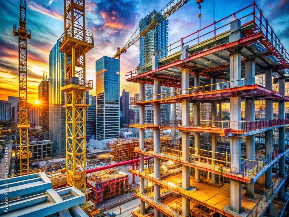 Fototapeta premium Modern Concrete and Steel Building Construction Site - Architectural Photography