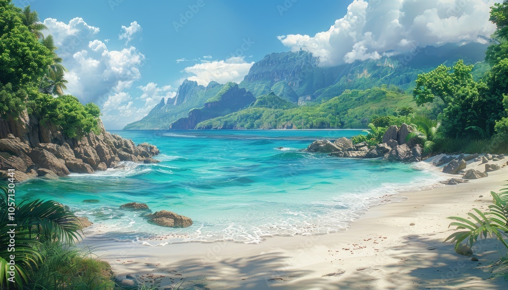 Naklejka premium Tranquil Beach Scene with Lush Green Mountains and Turquoise Waters