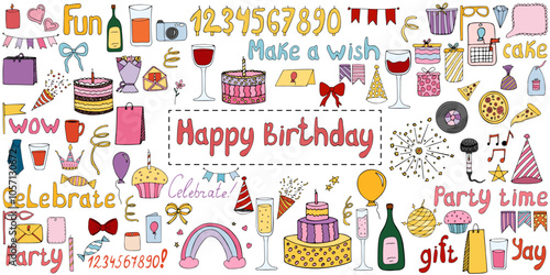 Happy birthday cliparts colored doodle set. Celebration stuff, foods, drinks.. Event elements for kids party with birthday cakes. Colored with black lines hand drawn vector doodles. Isolated on white.