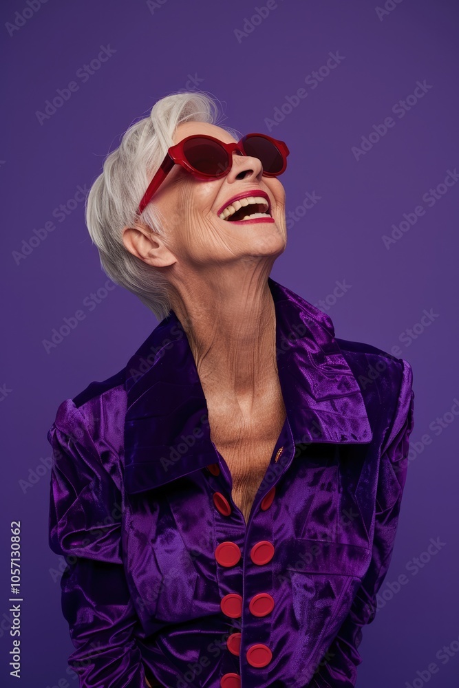 Happy Senior Woman in a Vibrant Outfit on Solid Background Happy Senior Woman in a Vibrant Outfit on Solid Background