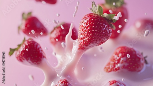 A strawberry is in a milkshake with other strawberries