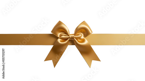 Gold luxury ribbon and bow cutout isolated against transparent background. Gift wrapping PNG.