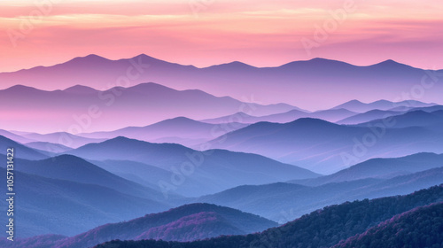 Layers of abstract mountains in sunset colors create serene landscape. soft hues of purple and pink blend beautifully, evoking sense of calm and tranquility