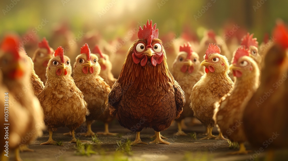 Fototapeta premium A group of chickens are standing in a line, with one chicken standing out