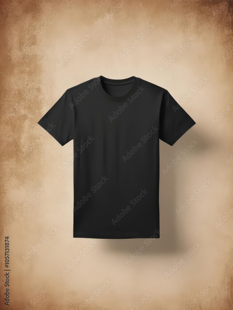 A plain black t-shirt displayed against a textured background, highlighting its simple yet versatile design. A plain black t-shirt displayed against a textured background, highlighting its simple yet versatile design.