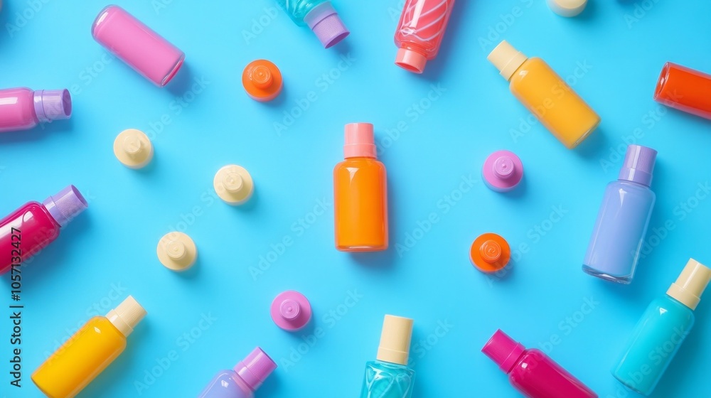 A row of colorful bottles with caps on a blue background A row of colorful bottles with caps on a blue background