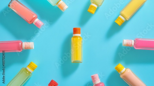 A row of bottles with different colors and one bottle with a yellow cap