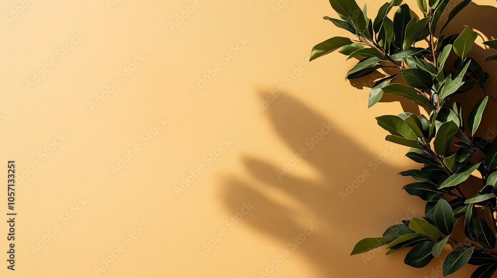 Branch with lush green leaves casting shadows on a warm beige background, illustrating natural elements and minimalistic design Branch with lush green leaves casting shadows on a warm beige background, illustrating natural elements and minimalistic design