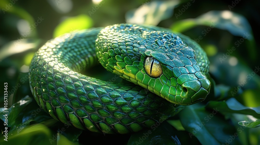 A vibrant green snake resting on lush foliage. A vibrant green snake resting on lush foliage.