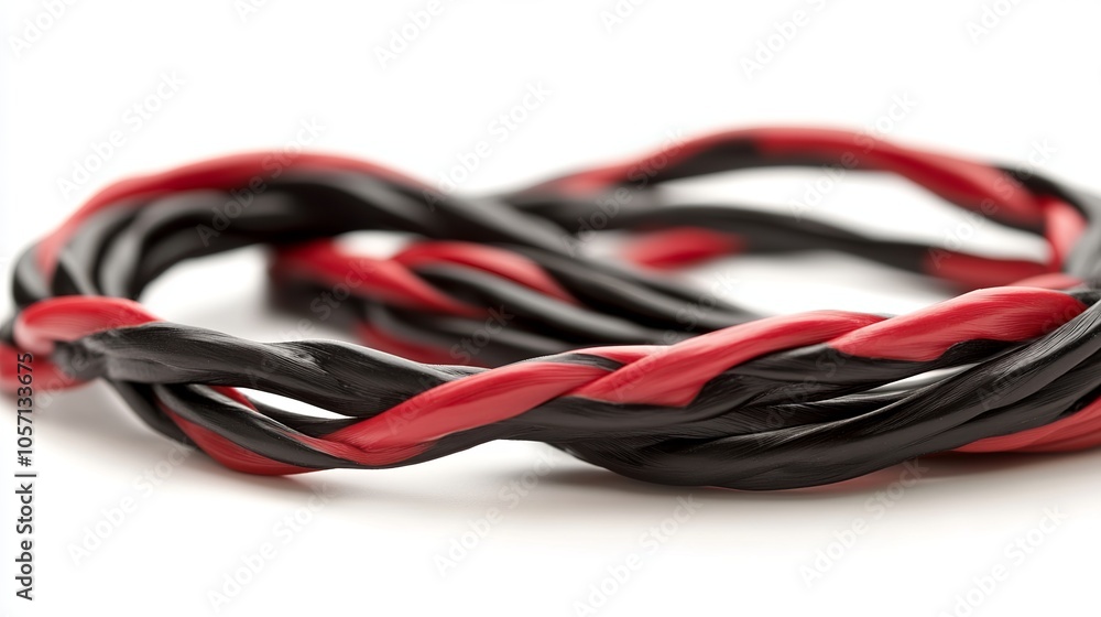 Black and red twisted jumper cables laid out against a white background. Black and red twisted jumper cables laid out against a white background.