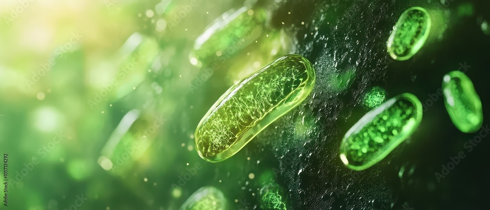 A vibrant close-up displaying green microorganisms, showcasing their unique structures and the dynamic environment they inhabit. A vibrant close-up displaying green microorganisms, showcasing their unique structures and the dynamic environment they inhabit.