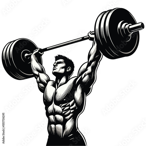 Strong Bodybuilder Lifting a Heavy Barbell – Vector Illustration in Black and White