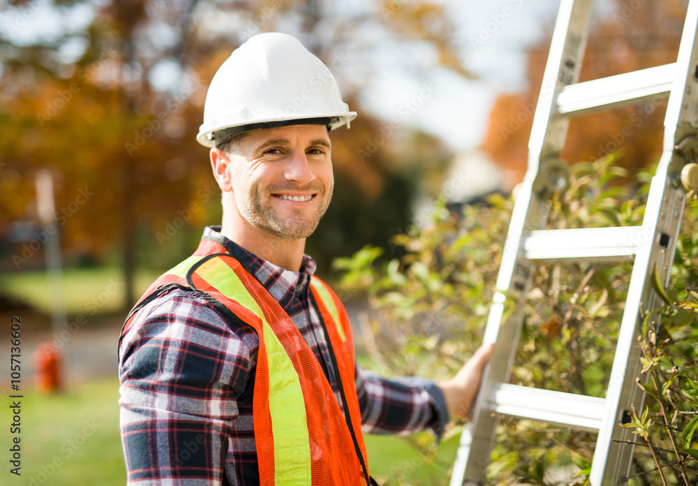 inspector or engineer with ladder checking the building structure and house roof specifications. inspector or engineer with ladder checking the building structure and house roof specifications.